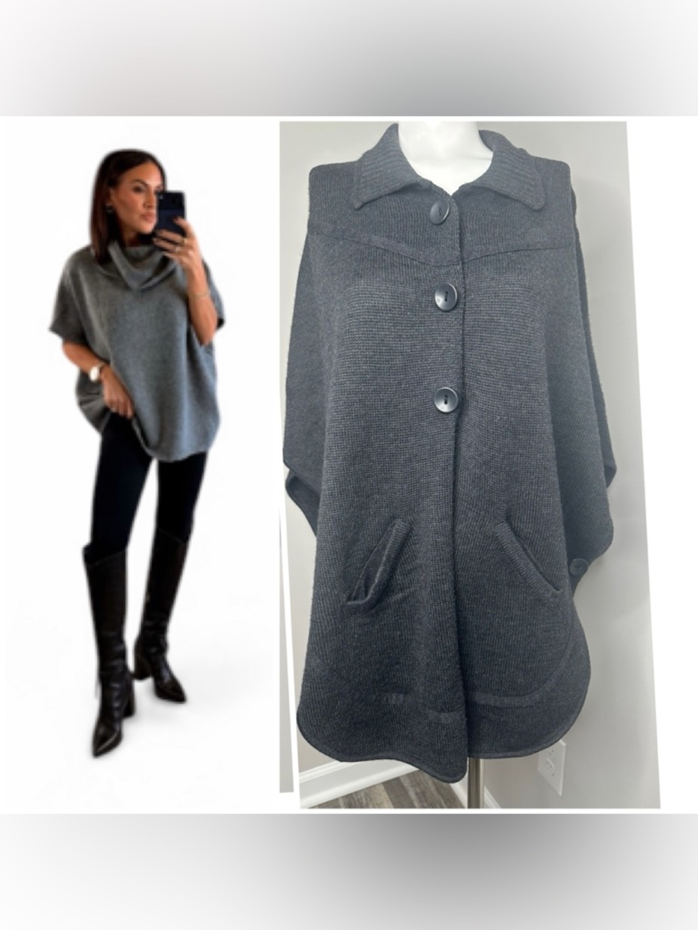 COLD WATER CREEK Women's Gray Button Knit Poncho Sweater-NO SIZE - PRELOVED